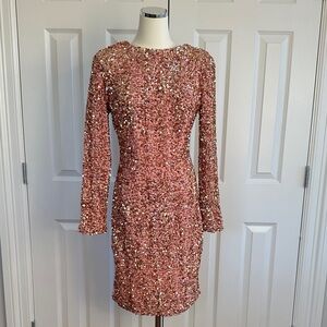 NWT Love & Lemonade Rose Gold Sequins Deep-V Backless Long Sleeve Dress Size L